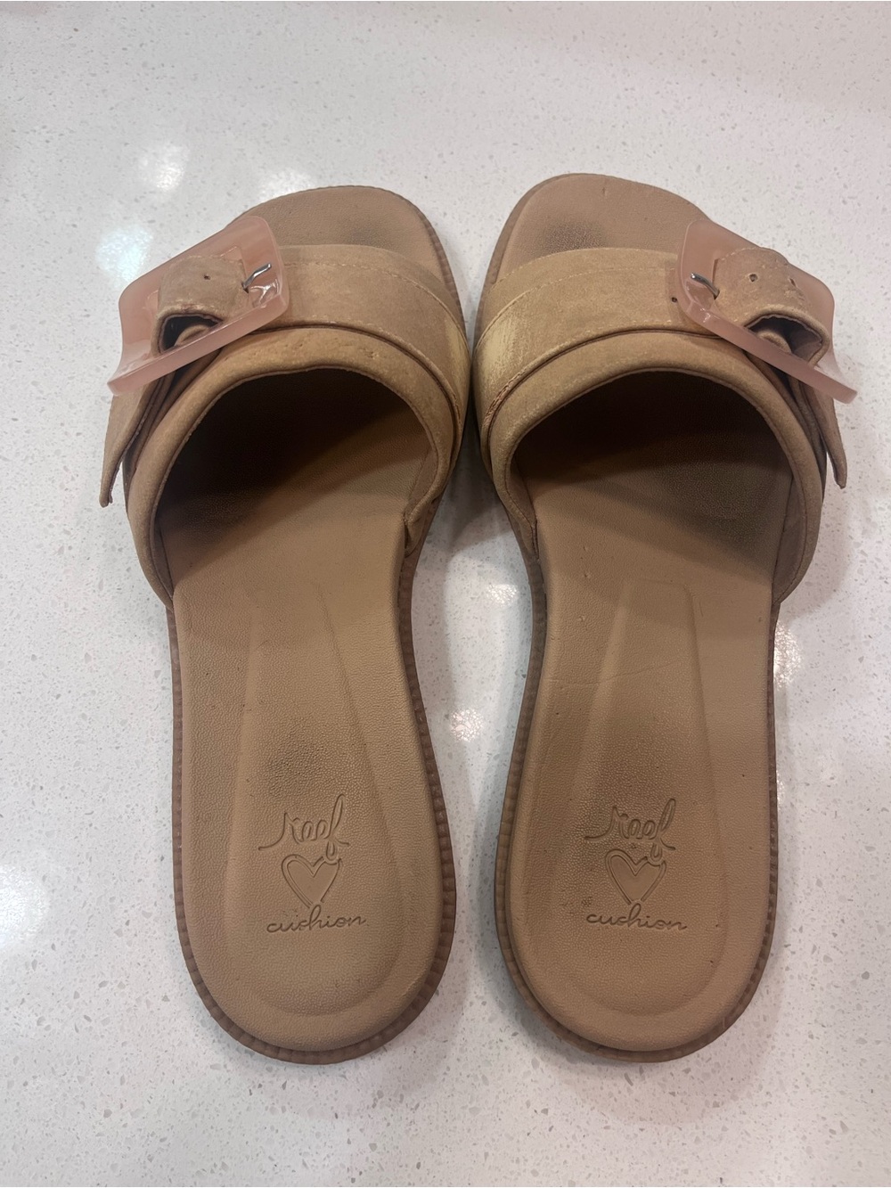 Reef Tan Slide Sandals with Pink Accent Buckles